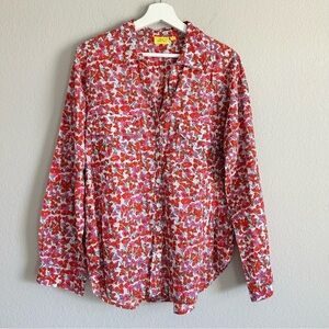 Roller Rabbit Floral Button Down Blouse Top Size L Pink Red Cotton